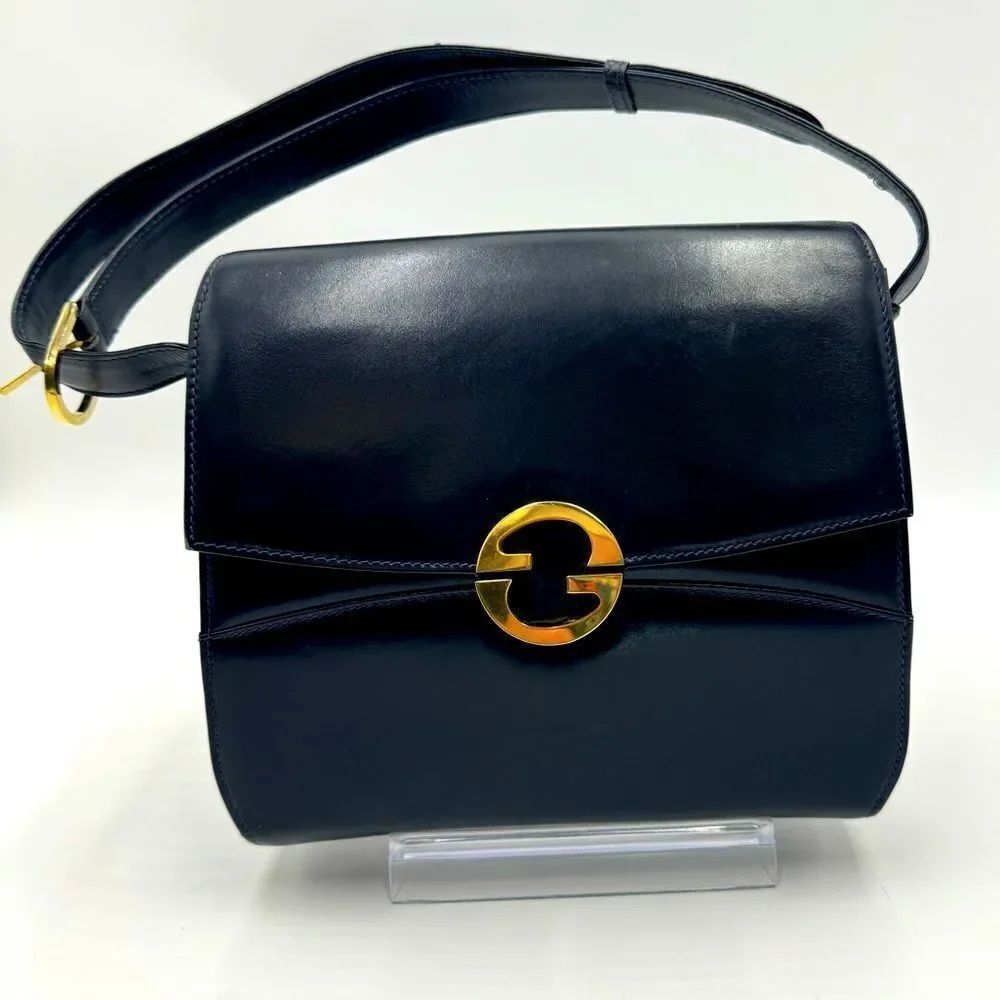 Auth Vtg Gucci 1973 Black Leather Double G Shoulder Bag